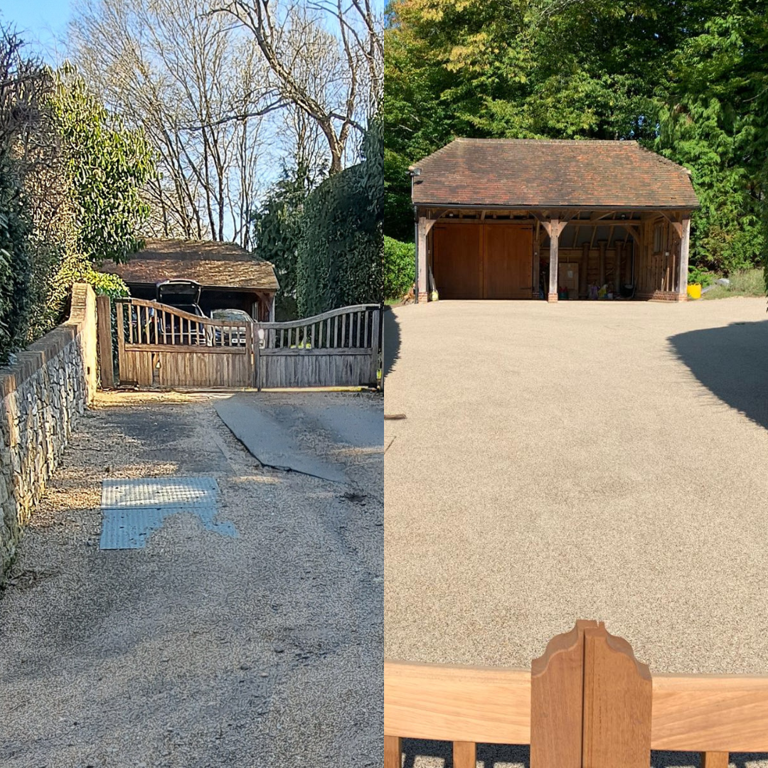 Garages away from the house get the special resin bound treatment