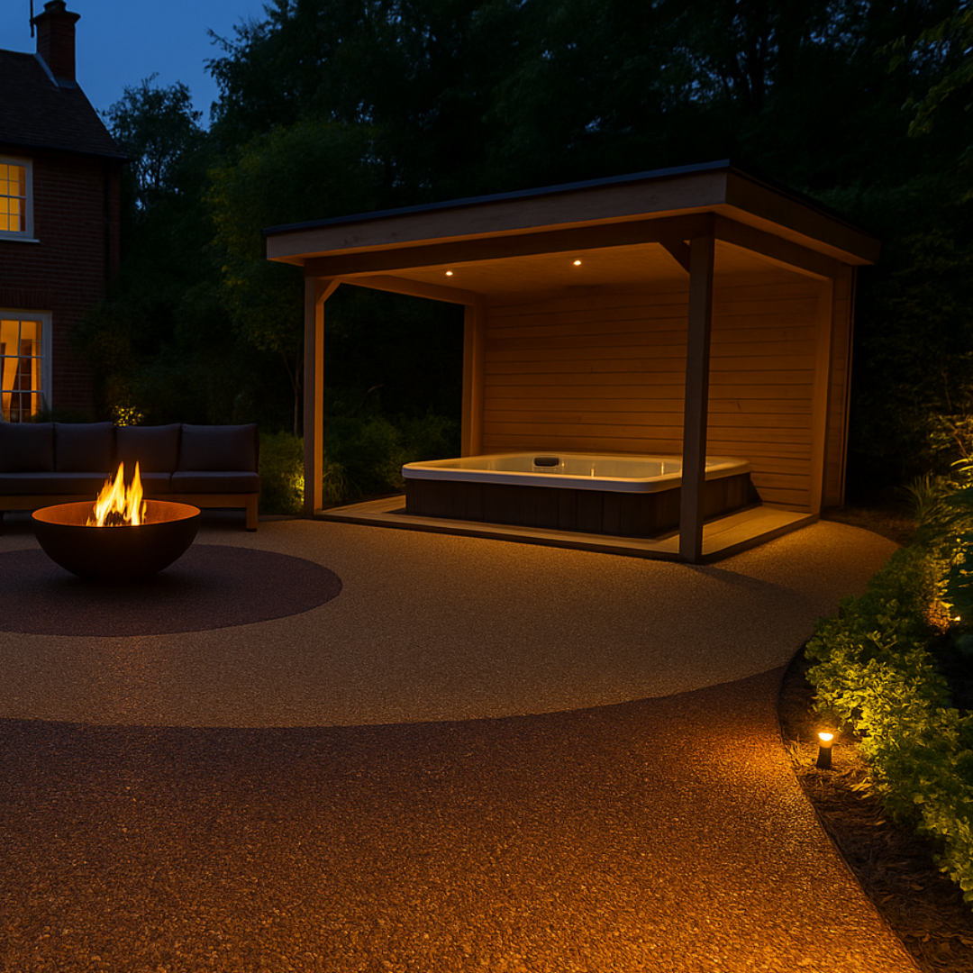 spa area with outdoor resin flooring design