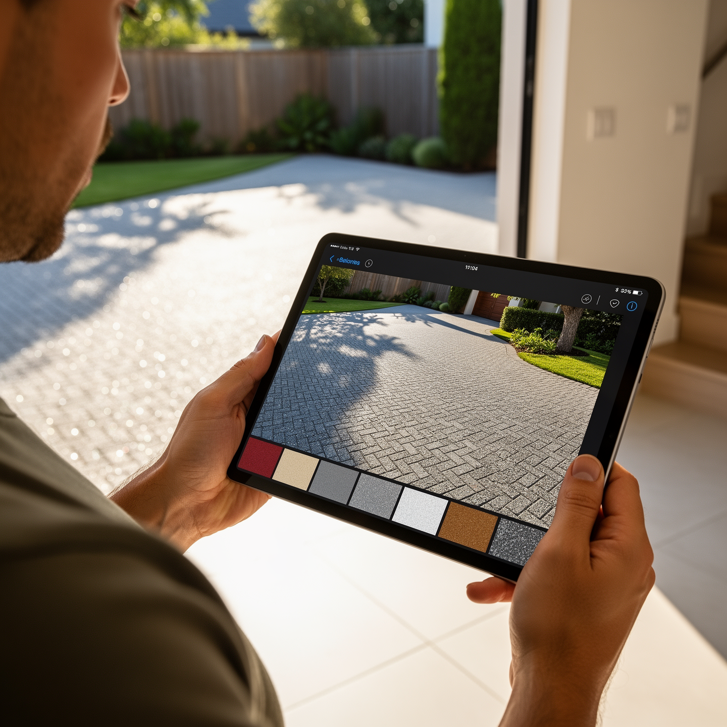 Homeowner viewing a resin driveway visual on a laptop