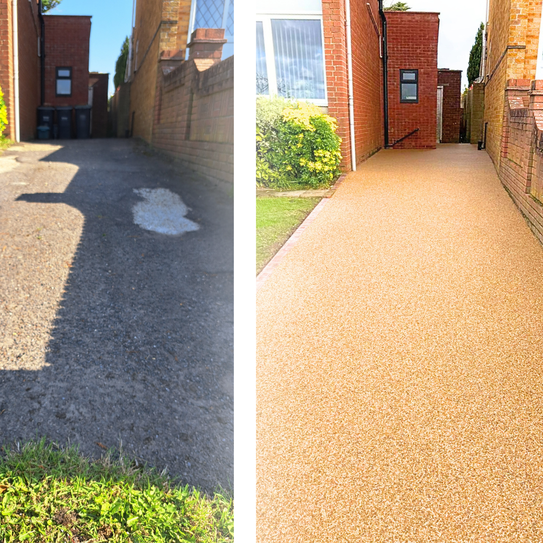 Hampshire Resin driveway entrance comparison before and after