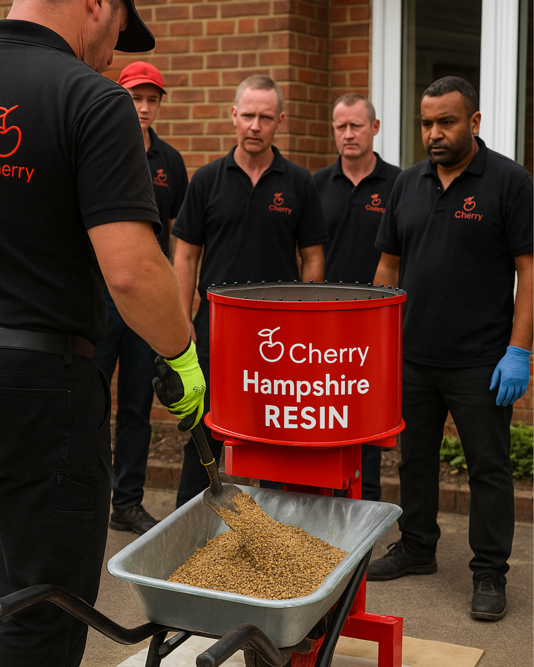 Measured aggregates and UV stable resin mixed on site